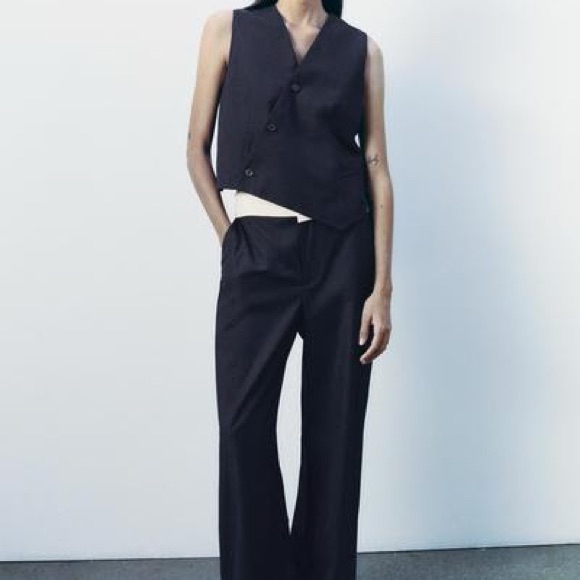 Blue Tailored Wide-Leg Pants With Foldover Waist